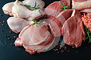 Various types of fresh meat: pork, beef, turkey and chicken