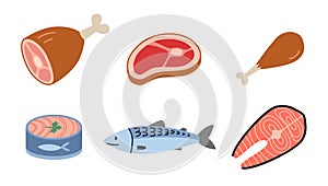 Various types of healthy protein, poultry, red meat and fish, cartoon style. Trendy modern vector illustration isolated