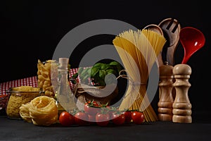 Various types of Italian pasta. Italian food ingredients for pasta