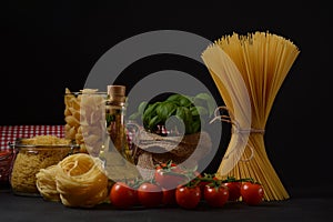 Various types of Italian pasta. Italian food ingredients for pasta