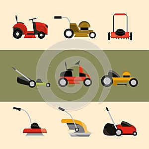 Various types of lawn mowers equipment icons