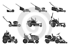 Various types of lawn mowers isolated on white background.