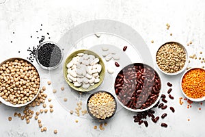 Various types of legumes, beans, lentils. chickpeas and peas