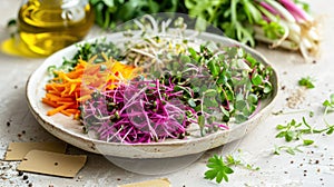 Various types of microgreens and sprouted seeds on the table in a wooden bowl, eco friendly kitchen, healthy eating and