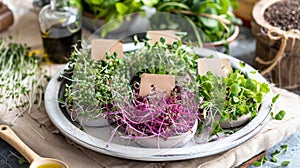 Various types of microgreens and sprouted seeds on the table in a wooden bowl, eco friendly kitchen, healthy eating and