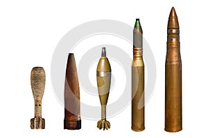 Military artillery shells of the second world war isolated on white background