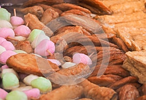 Various types of oden boiling hot soup, Japanese food