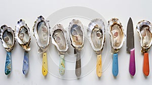 Various types of oysters arranged neatly in a row on a clean white surface