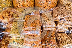 Various types of packaged muruku, popular Indian food in Malaysia