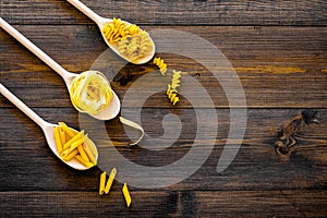 Various types of pasta concept. Fusilli, penne, fettuccine in spoons on dark wooden background top view copy space