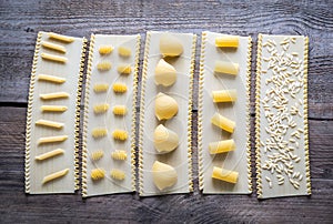 Various types of pasta on lasagne sheets