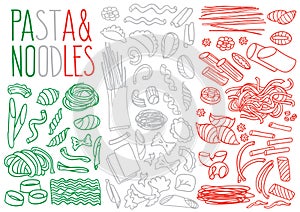 Various types of pasta, spaghetti and noodles. Italian cuisine doodle set.