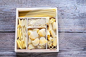 Various types of pasta in the wooden container