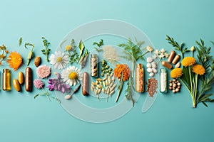 Various types of pills and dietary supplements, flowers on a colored background, flat layer