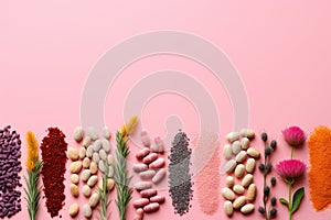 Various types of pills and dietary supplements, flowers on a colored background, flat layer