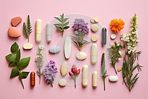 Various types of pills and dietary supplements, flowers on a colored background, flat layer