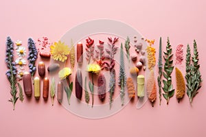 Various types of pills and dietary supplements, flowers on a colored background, flat layer