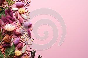 Various types of pills and dietary supplements, flowers on a colored background, flat layer