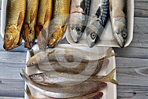Various types of Raw Fishes of Mackerel fish, Saurida undosquamis, the brushtooth lizardfish, large-scale grinner or largescale