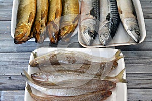 Various types of Raw Fishes of Mackerel fish, Saurida undosquamis, the brushtooth lizardfish, large-scale grinner or largescale photo