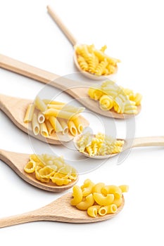Various types of raw italian pasta  in wooden spoons