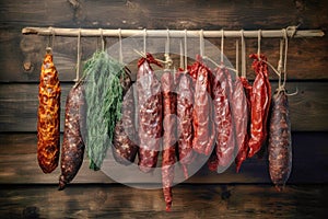 Various types of sausages hung for storage. Dried sausage of various varieties. Wide range of meat products. Homemade production