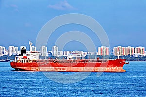 Various types of sea vessels and tugboats on the background of the coastline and city line of the city of Singapore.