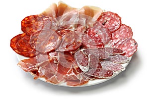 Various types of spanish salami, sausage and ham. photo
