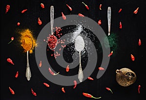 Various types of spices displayed on black background in tea spoons. Black board with turmeric, red pepper, chili pepper, chilies