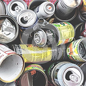 Various types of tin cans to be recycled