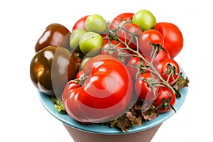 Various types of tomatoes in a bowl on the table