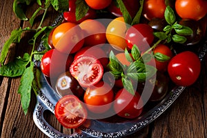 A various types of tomatoes served and presented on the silver platter.