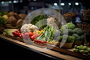 Various types of vegetables on the stand of a local farmers market