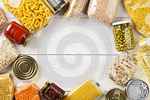 Various uncooked cereals, grains, pasta and canned food