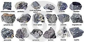 Various unpolished black rocks with names cutout