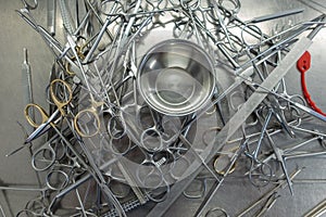 Various unsorted surgical instruments in a hospital