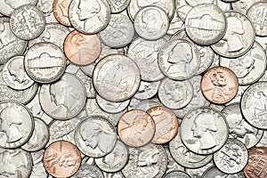 Various USA, American coins for business, money, financial concept background. Pile of Golden coin, silver coin, copper coin,