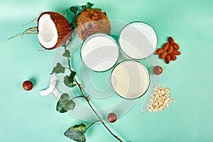 Various vegan plant based milk and ingredients, non-dairy milk, alternative types of vegan milks in glasses
