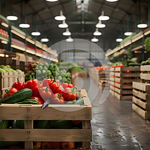 Various vegetables harvested in wooden boxes in a warehouse.