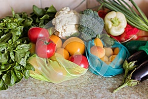 Various vegetables in textile eco bags photo