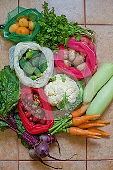 Various vegetables in textile eco bags photo