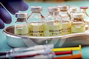 Various vials and medication prepared in the table of palliative care in hospital