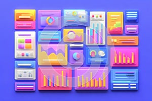 Colorful and modern statistical charts and data visualization elements on a blue background