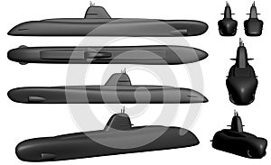 Various views of a fictive nuclear submarine