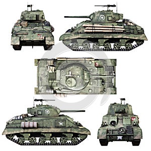 Various views of a Vintage American World War 2 allied armored medium combat tank on a isolated white background.