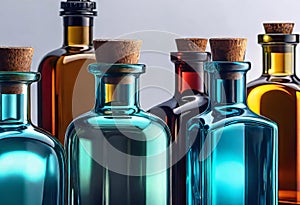 various vintage antique bottles isolated on white background, ancient bottles of different sizes and shapes,