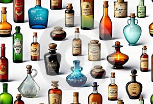 various vintage antique bottles isolated on white background, ancient bottles of different sizes and shapes,