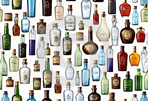 various vintage antique bottles isolated on white background, ancient bottles of different sizes and shapes,