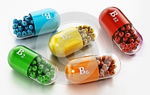 Various vitamin B pills isolated on white background. 3D illustration