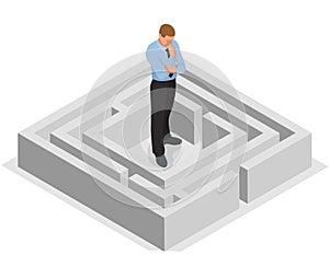 Various ways. Solving problems. Businessman finding the solution of a maze. Business concept. Vector 3d flat isometric